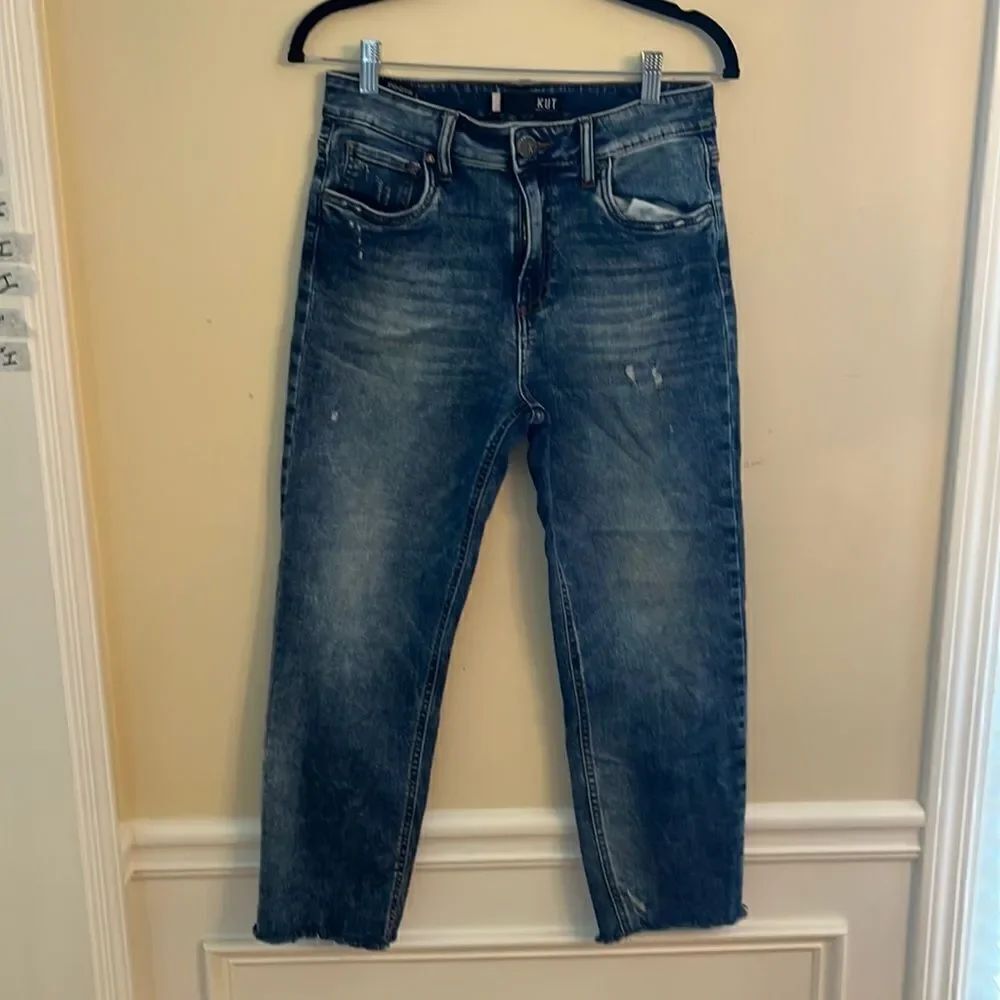 KUT High Rise Elizabeth Crop Straight Leg Distressed Jean